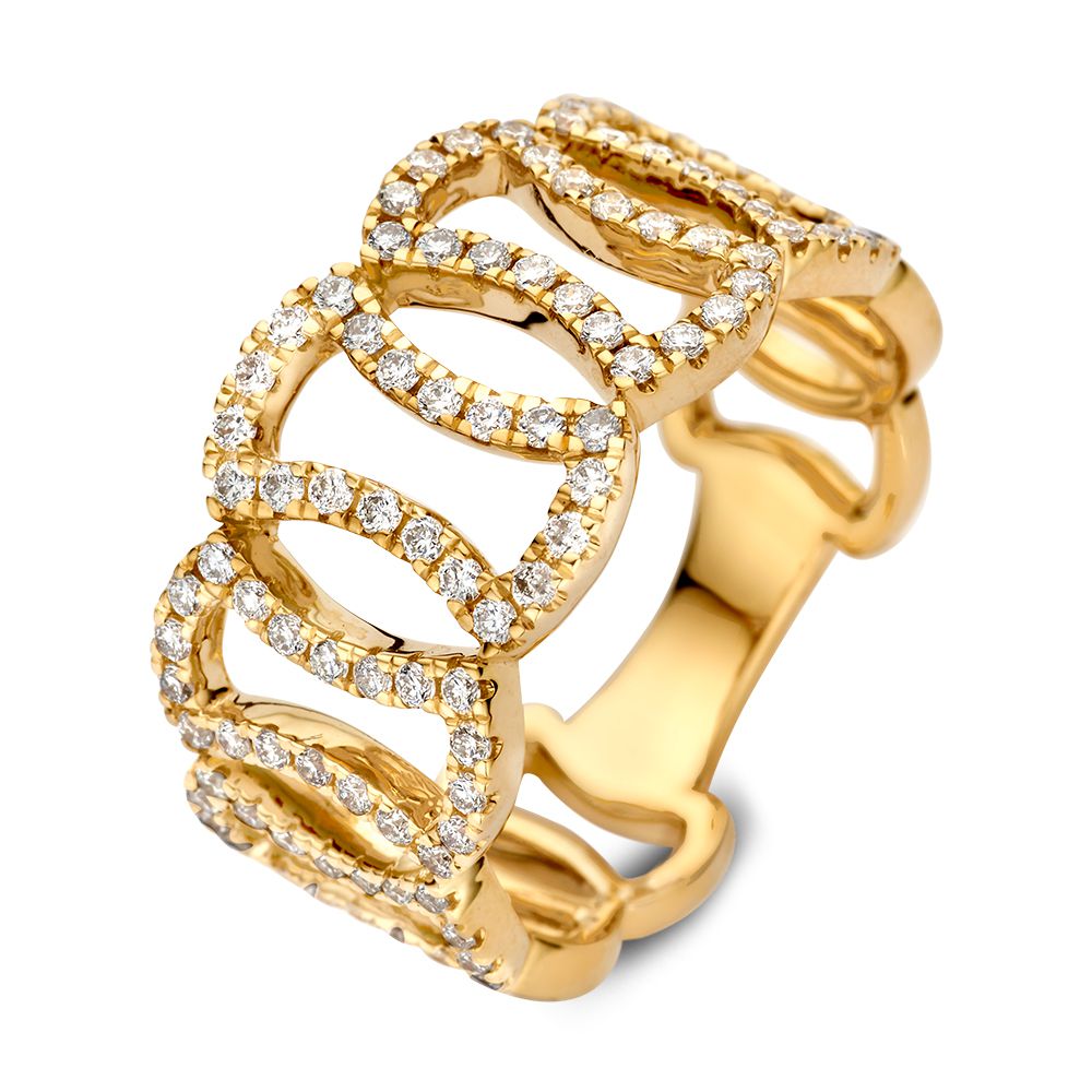 Geelgouden statement ring met fonkelende diamanten in een golvend ontwerp.