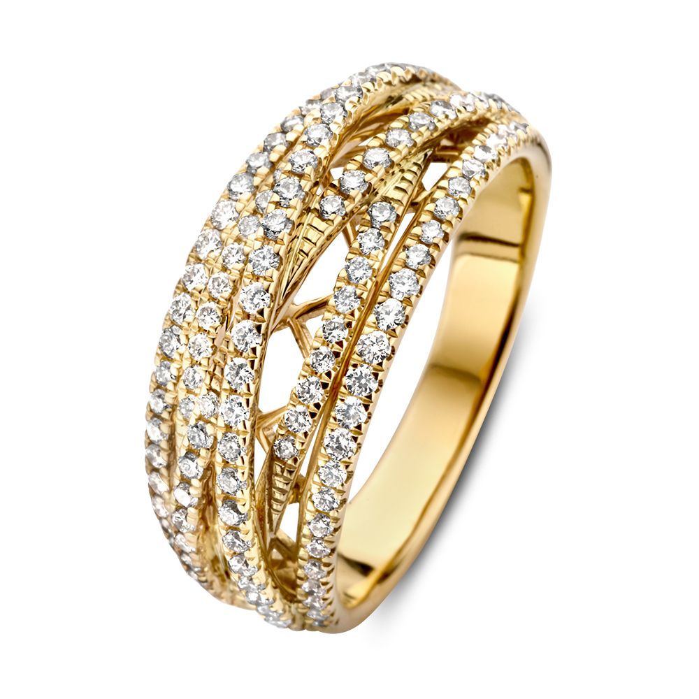 Gouden ring met zes verweven banden, bezet met diamanten van 0,71 crt.