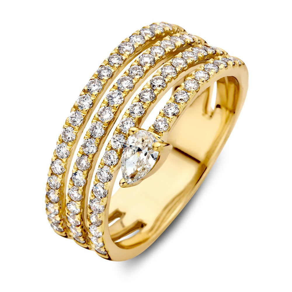Gouden ring met unieke design, bezet met kleine diamanten en een peervormige diamant van 0,98 crt.