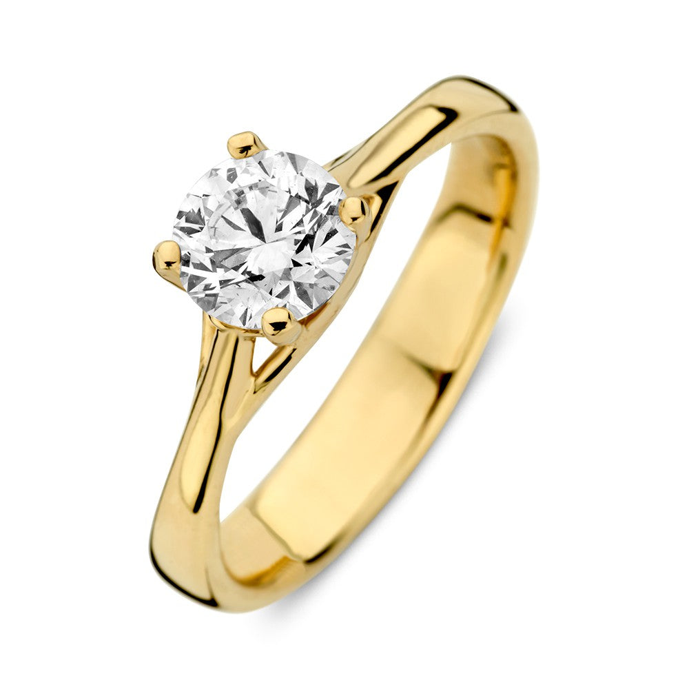 Geelgouden solitair ring met een 1,00 karaat lab-grown diamant, ronde briljant geslepen, met een glanzende afwerking.