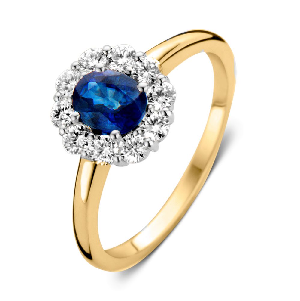 Geelgouden ring met een centrale blauwe saffier omringd door briljant diamanten.