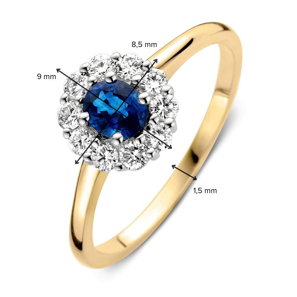 Elegante Geel/Witgouden Ring met Blauwe Saffier en Briljant Diamanten