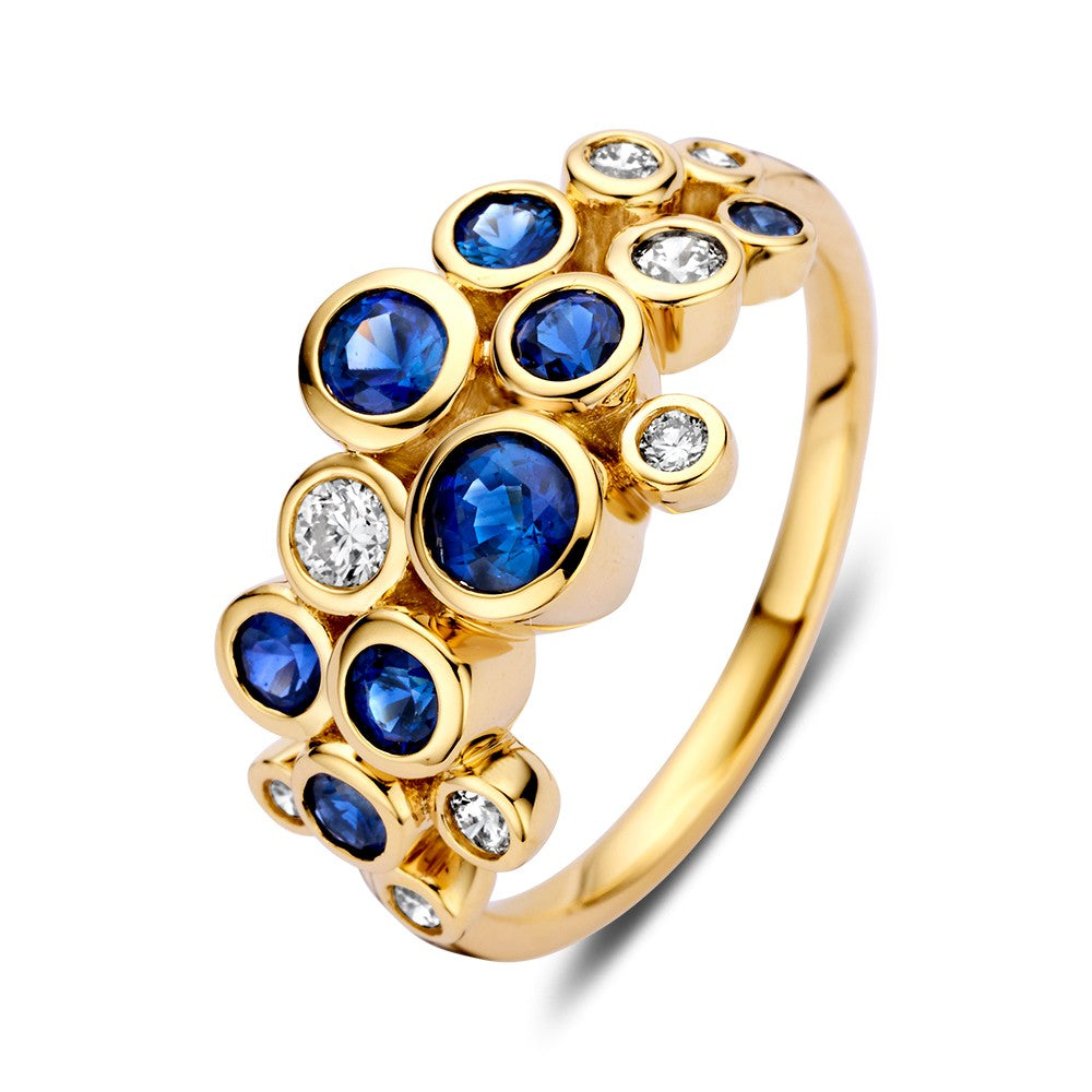Gouden ring met een speelse bubbelformatie, bezet met blauwe saffieren en diamanten.