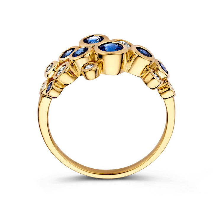 Stylish 14k Gold Ring with 1.10ct Sapphires and 0.29ct Diamonds, 'Bubbles' Collection, Yellow Gold