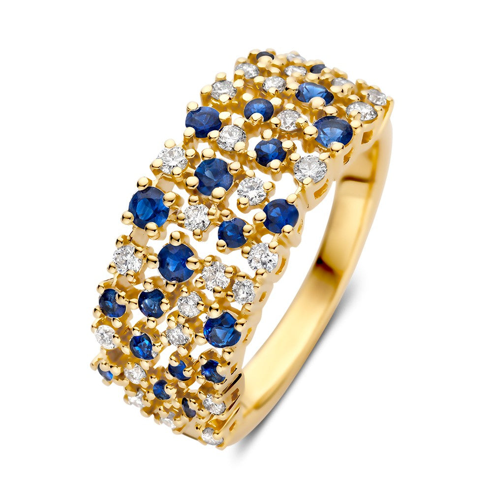 Geelgouden ring met briljant en blauwe saffieren in een speelse, golvende opstelling.