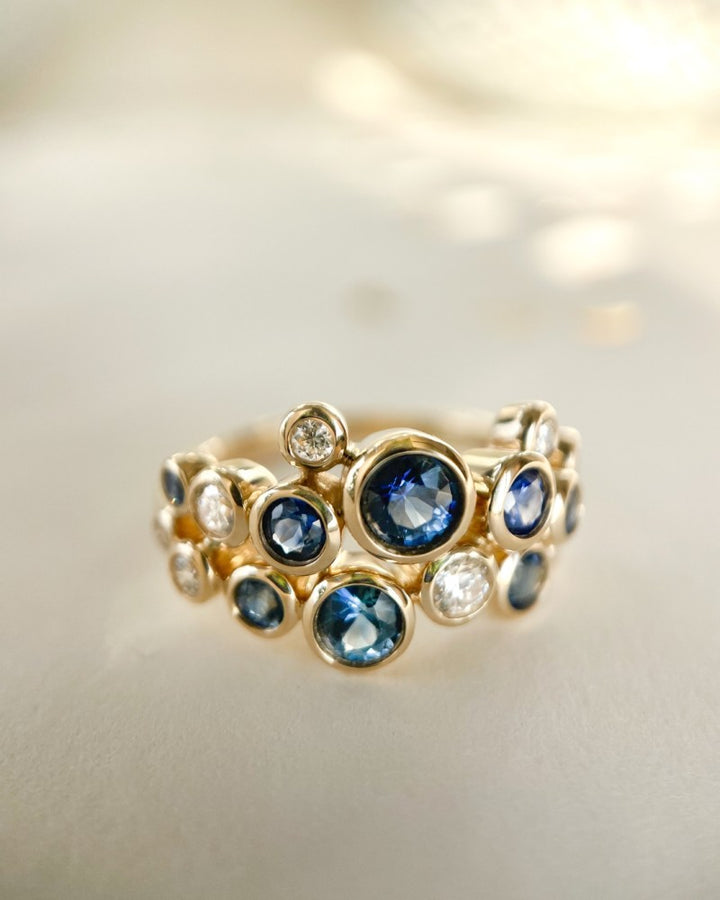 Stylish 14k Gold Ring with 1.10ct Sapphires and 0.29ct Diamonds, 'Bubbles' Collection, Yellow Gold
