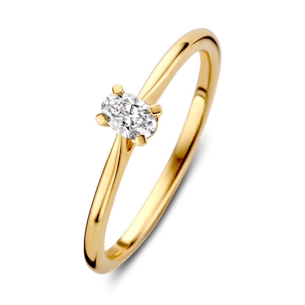 De Geelgouden Solitair Ring met Ovale Diamant (0.16 ct, 14 karaat) van Excellent Jewelry heeft een elegante vierpoots zetting op een slanke, gepolijste band.