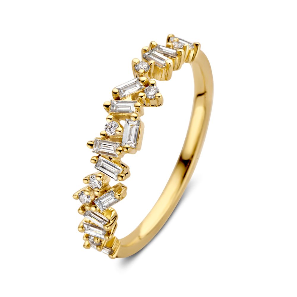 Geelgouden ring met baguette en briljant geslepen diamanten, 0.38 caraat, met een glanzende afwerking.
