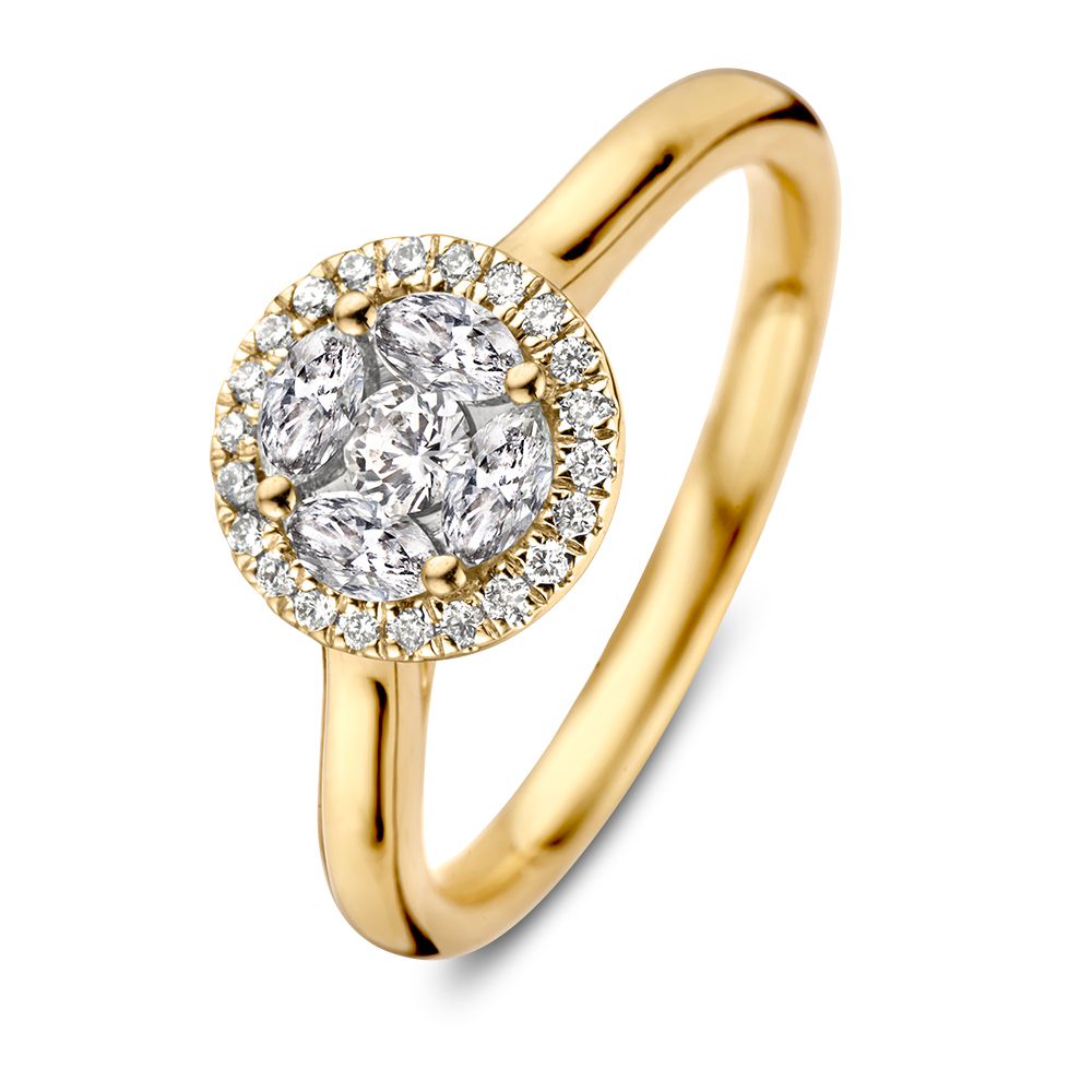 Geelgouden ring met een ronde schijf van briljant en marquise geslepen diamanten, omringd door kleinere diamanten.