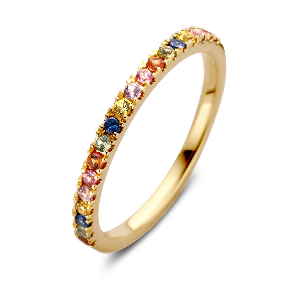 Geelgouden ring met een rij kleurrijke regenboog saffieren in verschillende tinten.