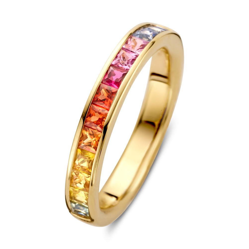 Gouden ring met princess slijpsel regenboog saffieren in verschillende kleuren.