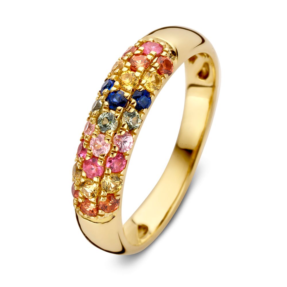 Geelgouden ring met een rij regenboog saffieren in verschillende kleuren en pavé diamanten.