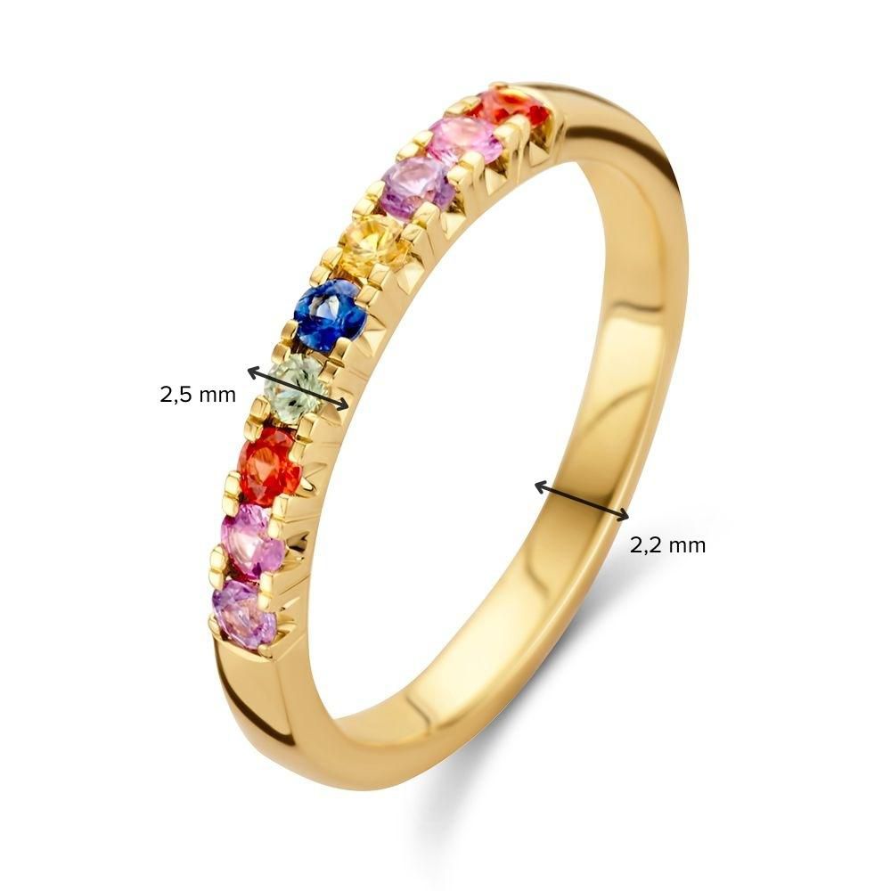 Geelgouden Ring met Regenboog Saffier in Strakke Chatonzetting – Kleurrijk en Elegant