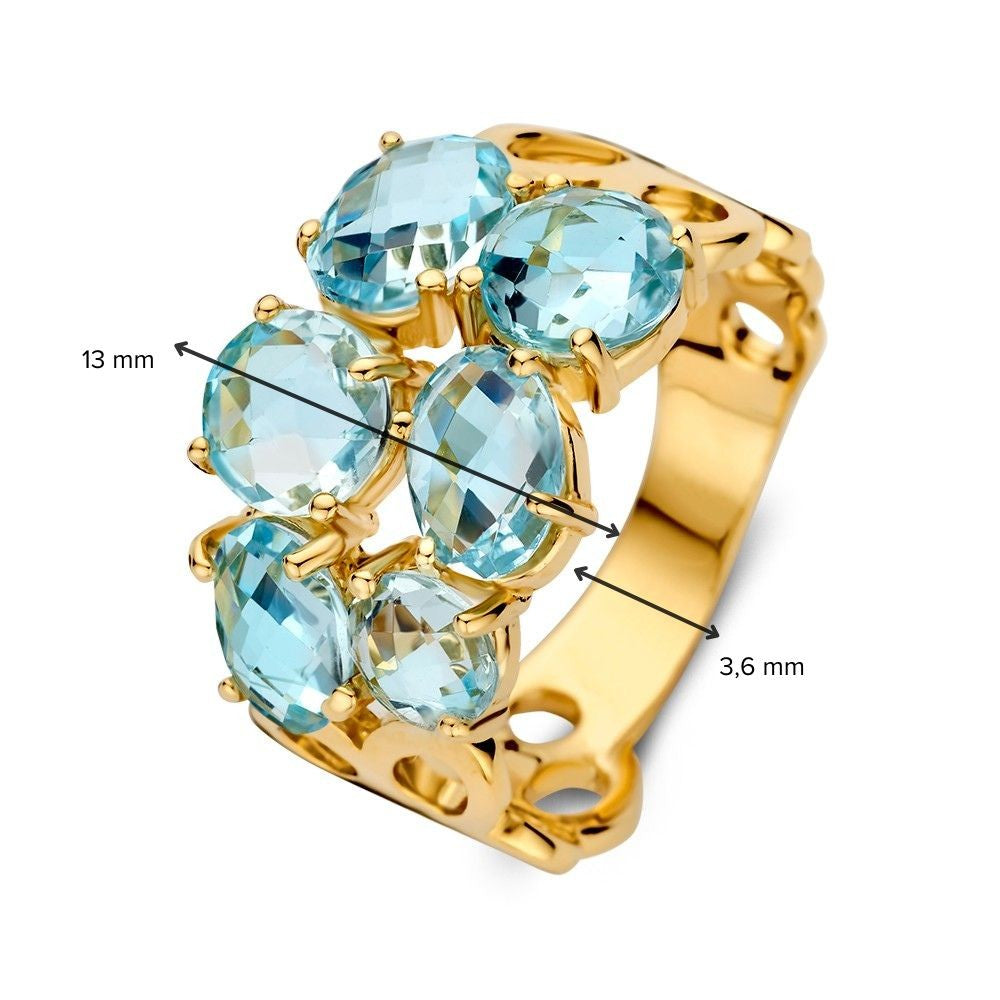 Geelgouden Ring met Blauwe Topazen en Organische Zetting – Brede Gouden Ring voor Dames