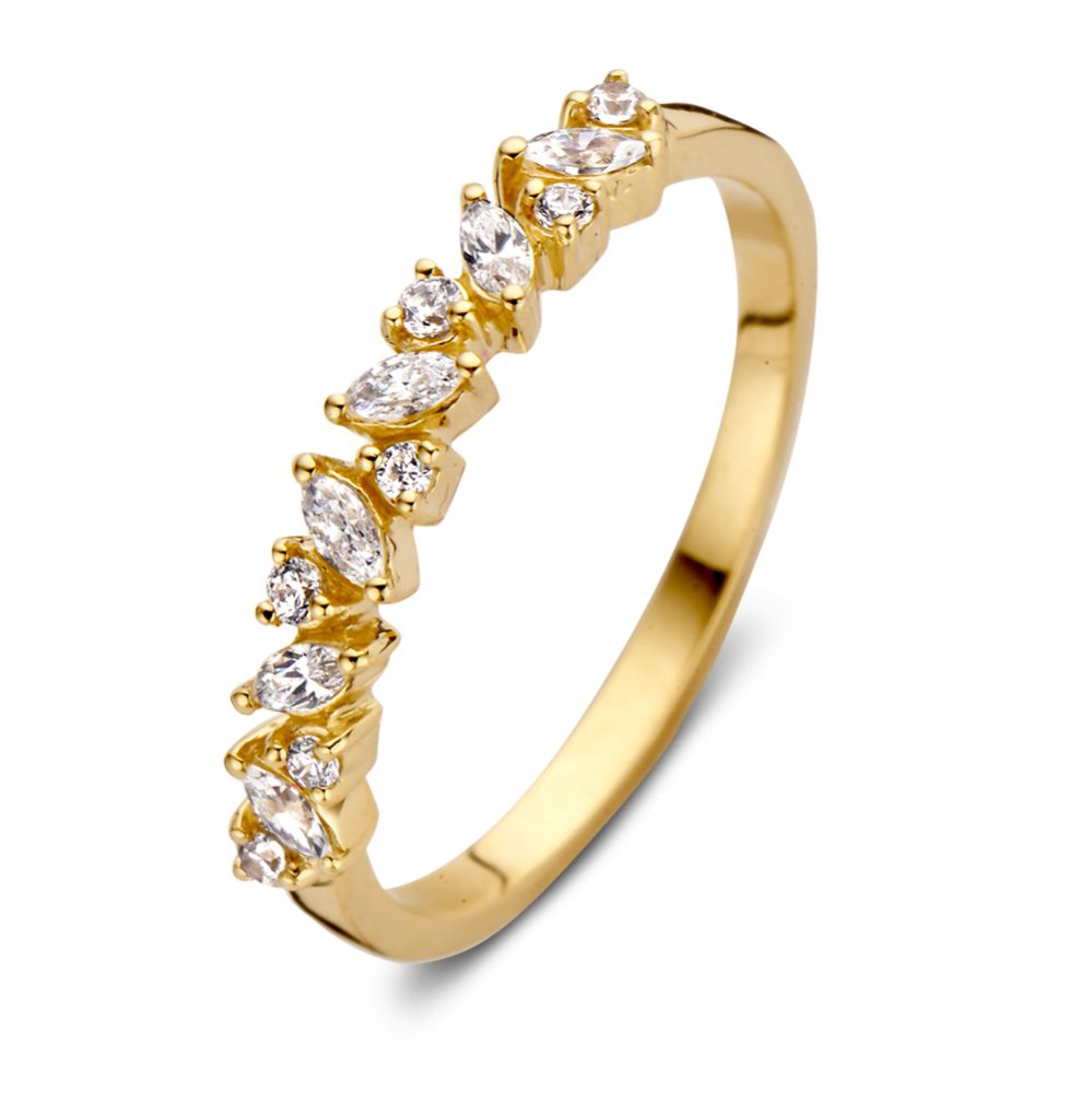 Geelgouden ring met unieke slijpsels en stijlvolle halfom zetting, bezet met heldere steentjes.