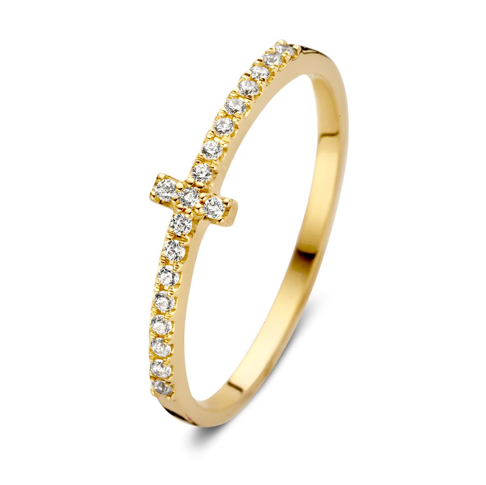 Gouden ring met subtiele glans, bezet met heldere steentjes in een kruisvorm.