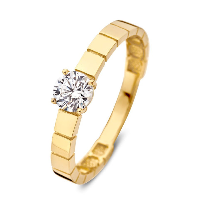 Geelgouden Ring met Zirkonia Middensteen en Bewerkte Band | 14 Karaat Goud | Van der Kooij