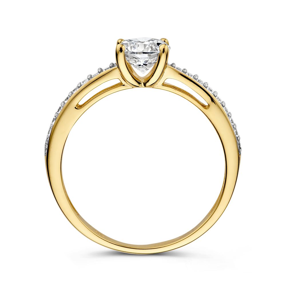 Geelgouden Ring met Zirkonia's – 14 Karaat Goud, 6 mm Breed, Elegante Damesring