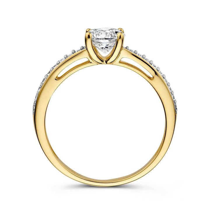 Geelgouden Ring met Zirkonia's – 14 Karaat Goud, 6 mm Breed, Elegante Damesring