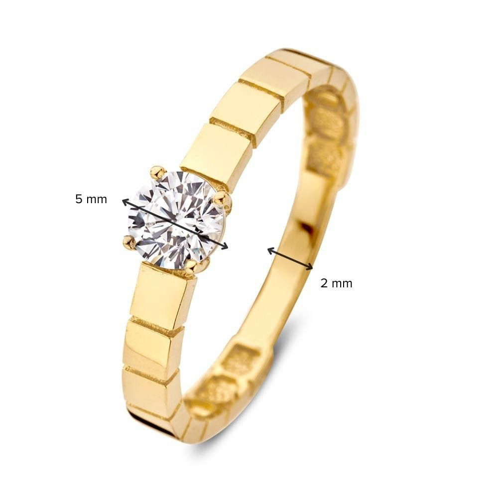 Geelgouden Ring met Zirkonia Middensteen en Bewerkte Band | 14 Karaat Goud | Van der Kooij