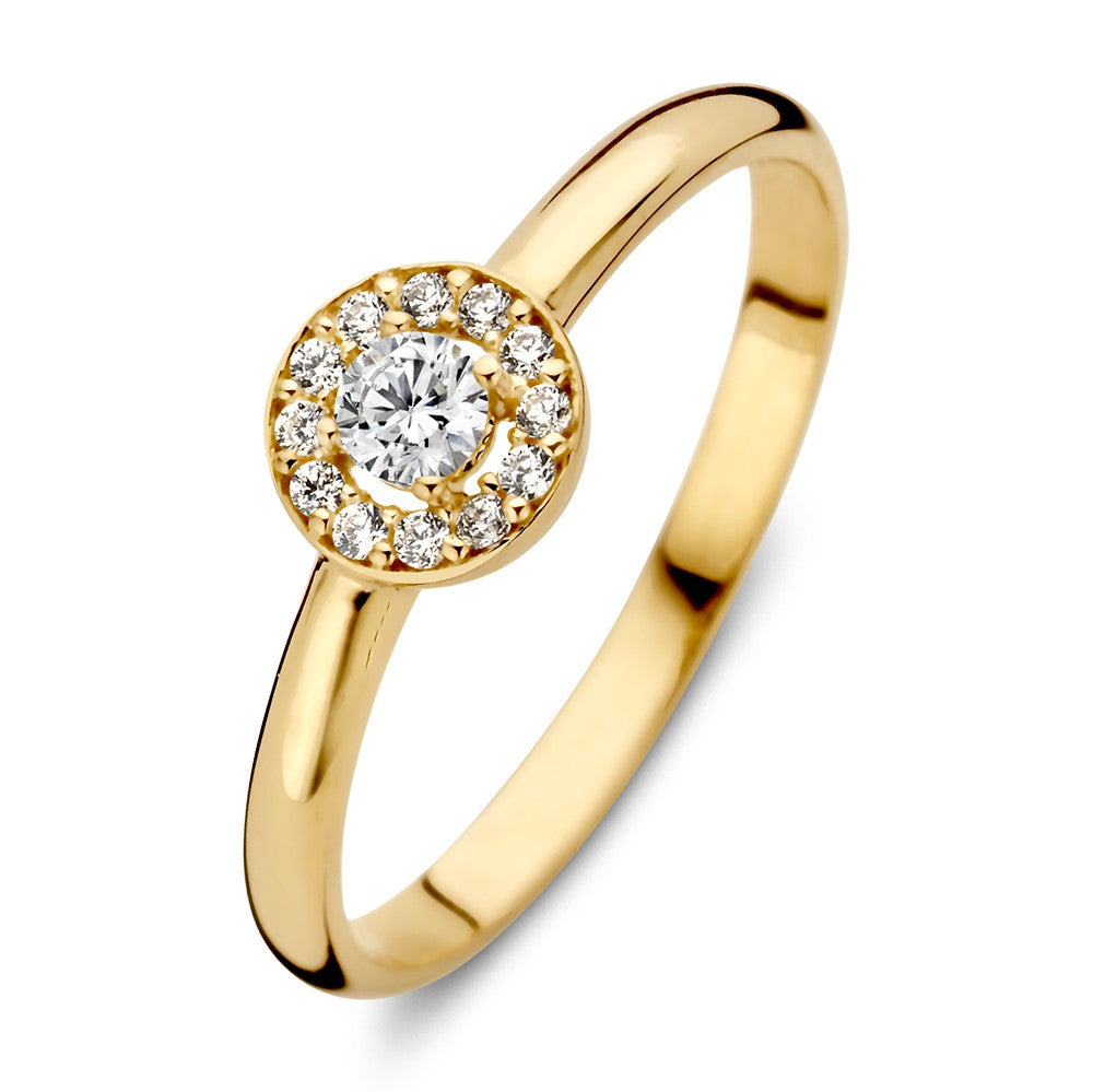 De Geelgouden Entourage Ring met Zirkonia's van Excellent Jewelry is gemaakt van 14 karaat geelgoud en heeft een ronde centrale zirkonia, omringd door kleinere stenen op een gepolijste, eenvoudige band.