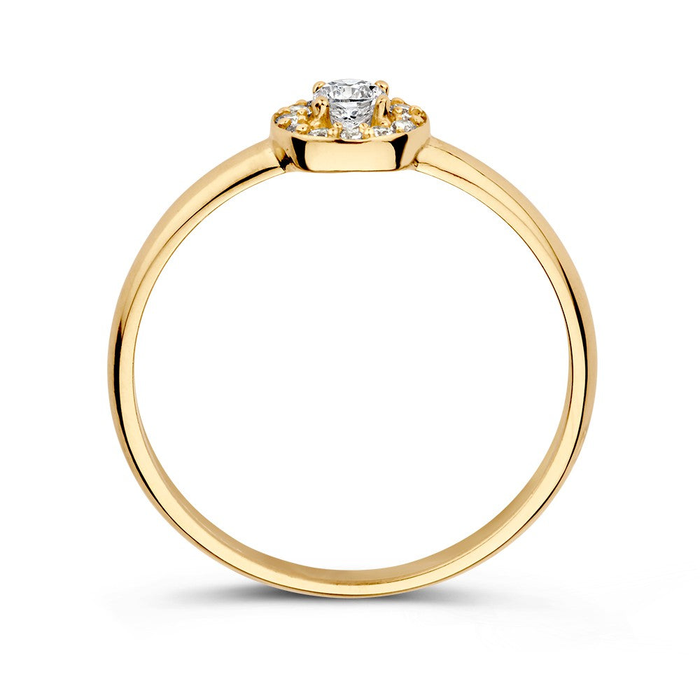 De Excellent Jewelry Geelgouden Entourage Ring met Zirkonia's, vervaardigd uit 14 karaat geelgoud, heeft een ronde middensteen met fonkelende zirkonia's aan weerszijden en is van opzij afgebeeld tegen een witte achtergrond.