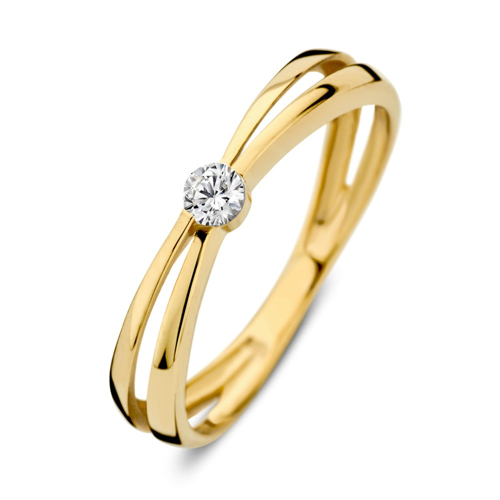 Geelgouden ring met een glanzende zirkonia, met een dubbele band en een moderne uitstraling.