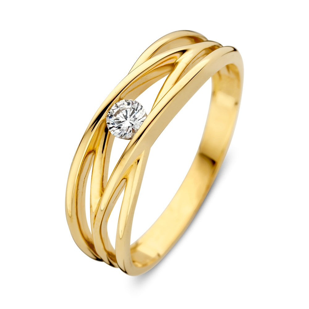 Geelgouden ring met gekruiste banen en een fijne zirkonia in het midden.