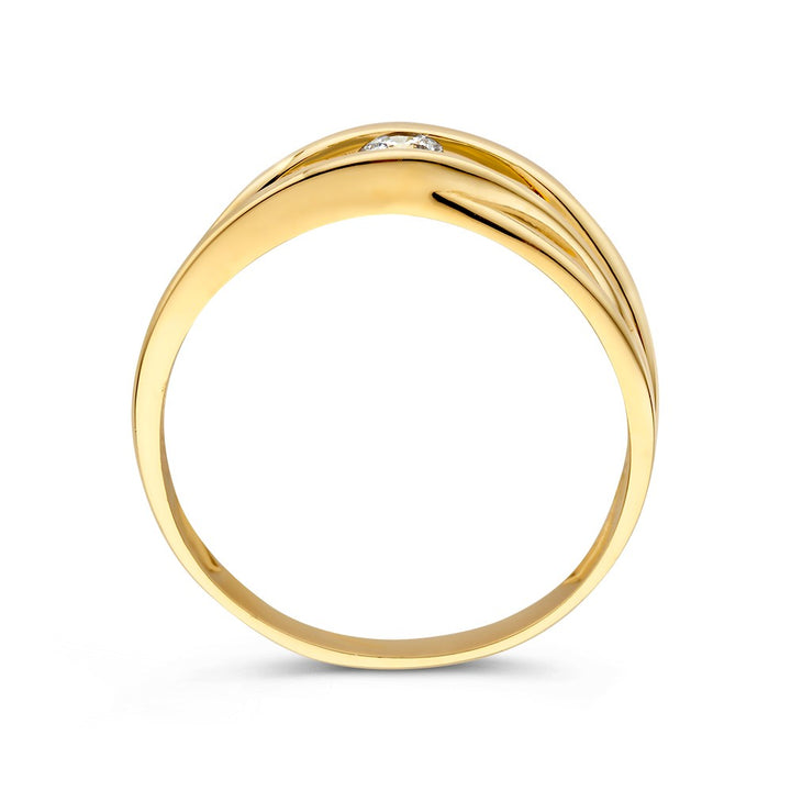 Elegante Geelgouden Ring met Gekruiste Banen en Fijne Zirkonia – Tijdloze Sieraden voor de Moderne Vrouw