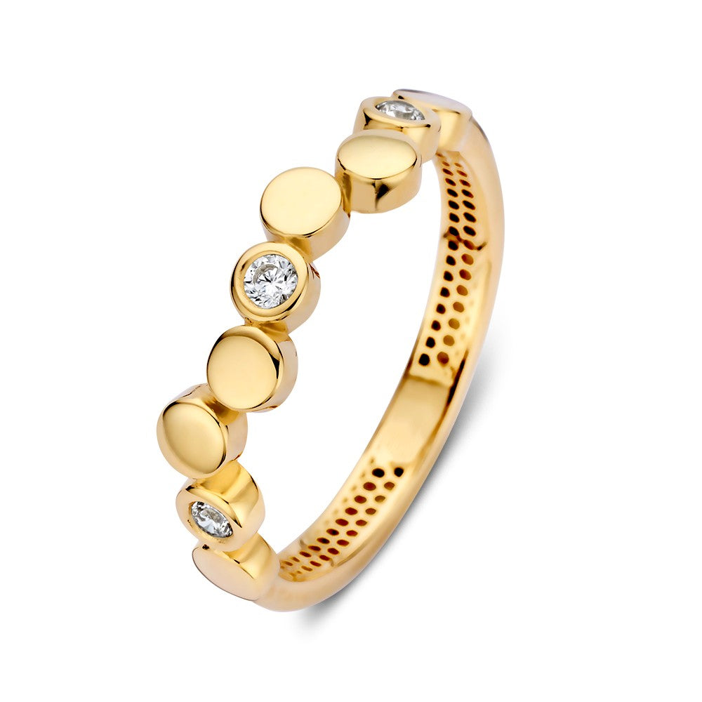 Geelgouden ring met ronde elementen en fonkelende zirkonia's.