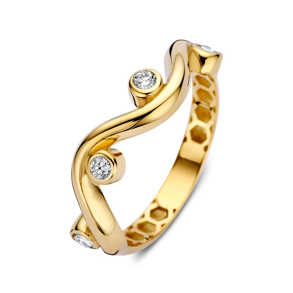 Geelgouden ring met een speelse, golvende vorm en ronde zetkasten met zirkonia's.
