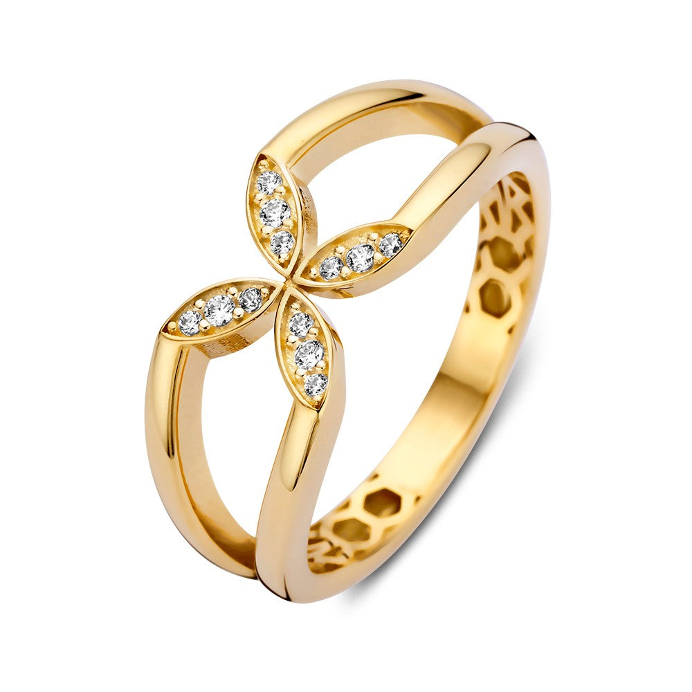 Geelgouden ring met bloemontwerp, versierd met zirkonia-steentjes in een opvallende setting.