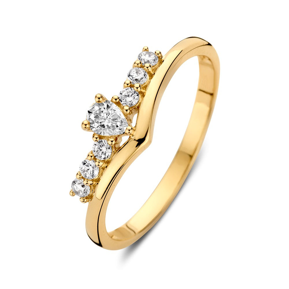 Geelgouden ring in V-vorm met een centrale zirkonia in peervorm en zes kleinere zirkonia's.