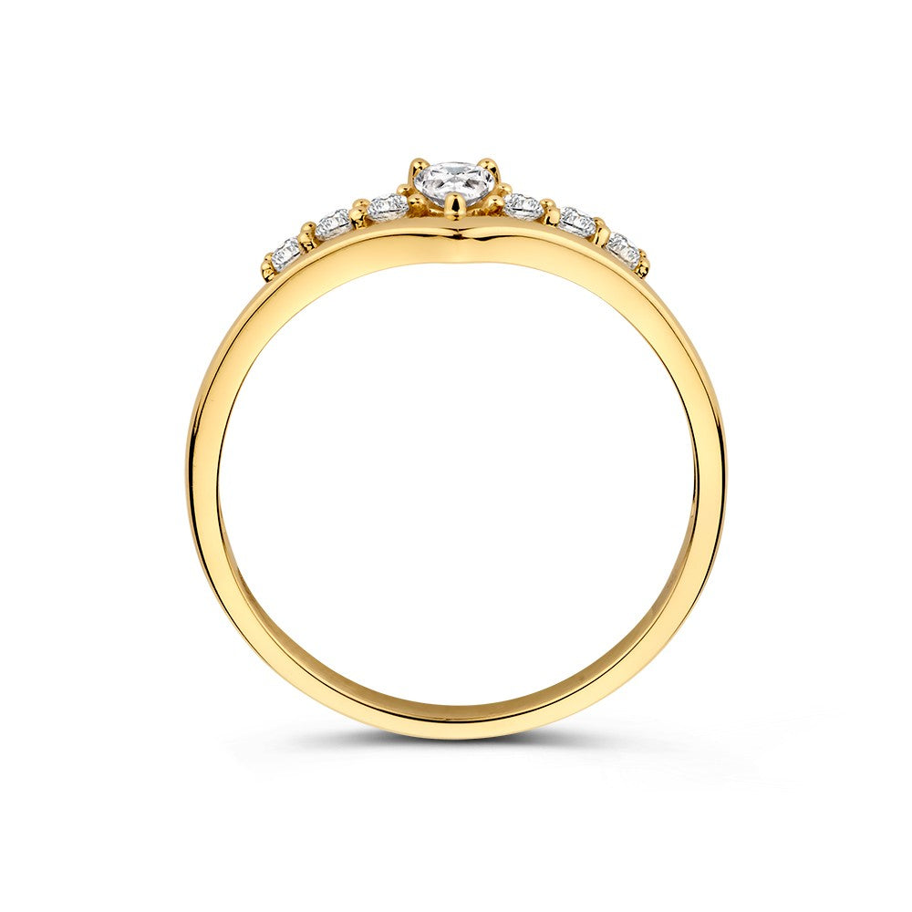 Speelse Geelgouden Ring in V-vorm met Zirkonia's – Een Moderne Twist op Klassieke Eleganties