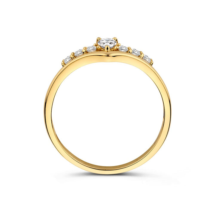 Speelse Geelgouden Ring in V-vorm met Zirkonia's – Een Moderne Twist op Klassieke Eleganties