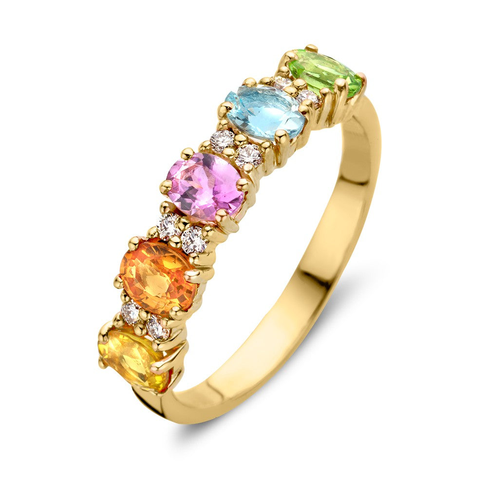 Roségouden ring met vijf gekleurde saffieren en briljanten, in een golvende opstelling.
