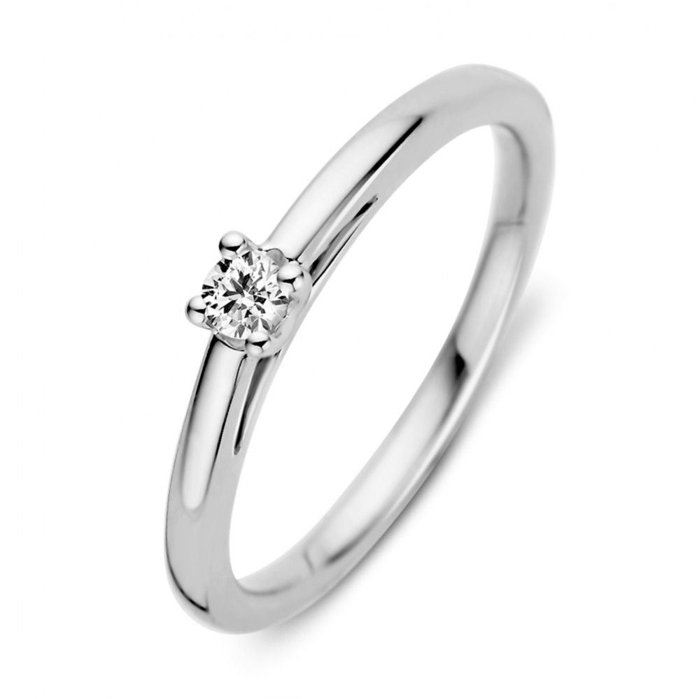 Witgouden ring met een glanzende afwerking en een 0,10 karaat briljant in een vierkante zetting.