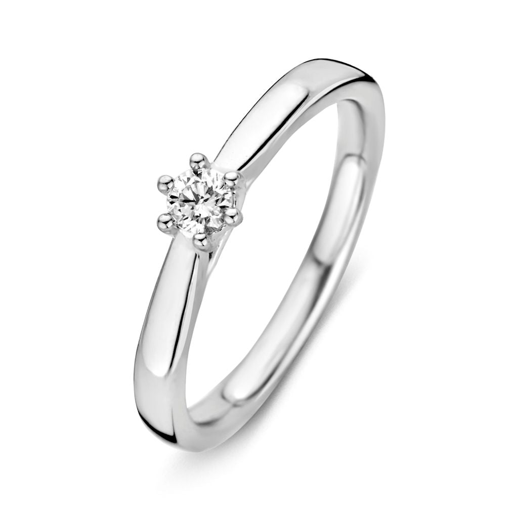 Witgouden ring met een gladde afwerking en een 0,14 karaat briljant diamant in het midden.