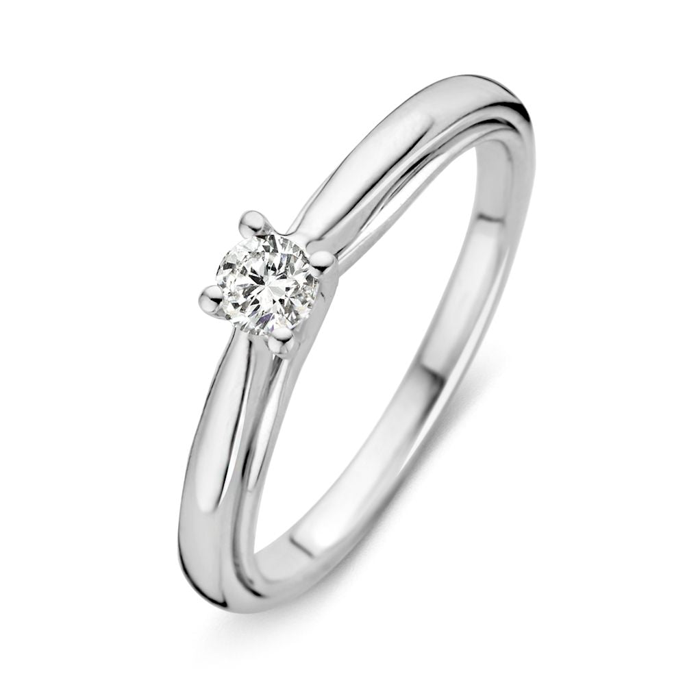 Witgouden ring met een glanzende afwerking en een 0,20 karaat briljant diamant in de zetting.