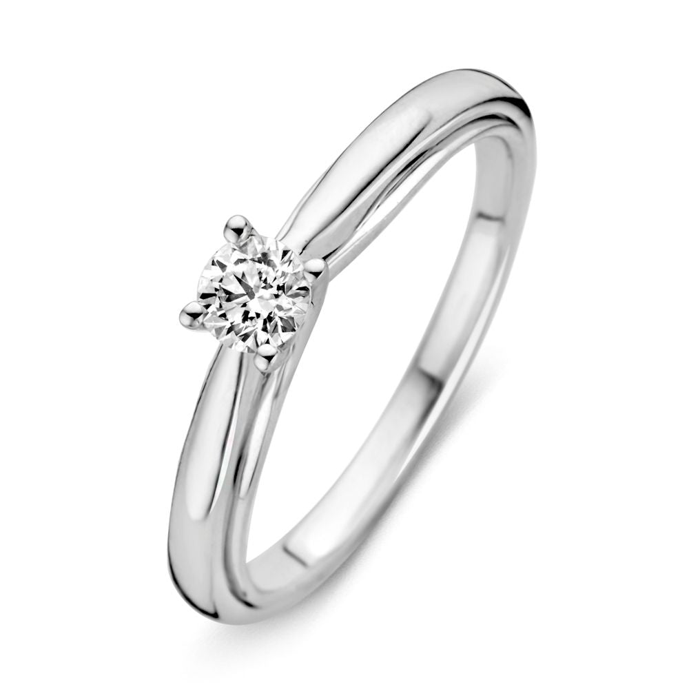 De Witgouden Ring met Briljant Diamant (0.25 crt.) van Excellent Jewelry is een damesring van 14 karaat witgoud, voorzien van een briljant geslepen diamant in een elegante vierpoots zetting, gepresenteerd op een witte achtergrond.