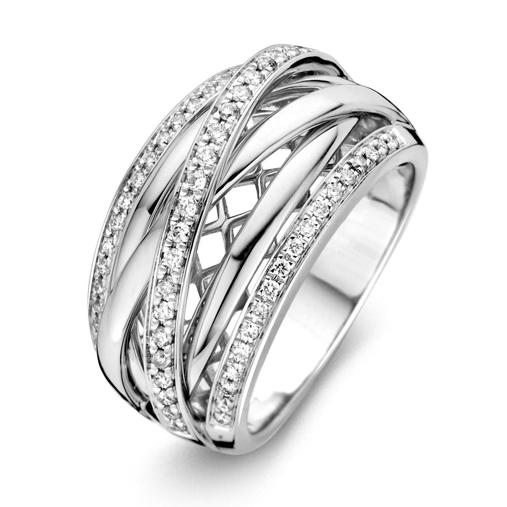 Witgouden ring met meerdere gedraaide banden en briljante diamanten, totaal 0,34 crt.