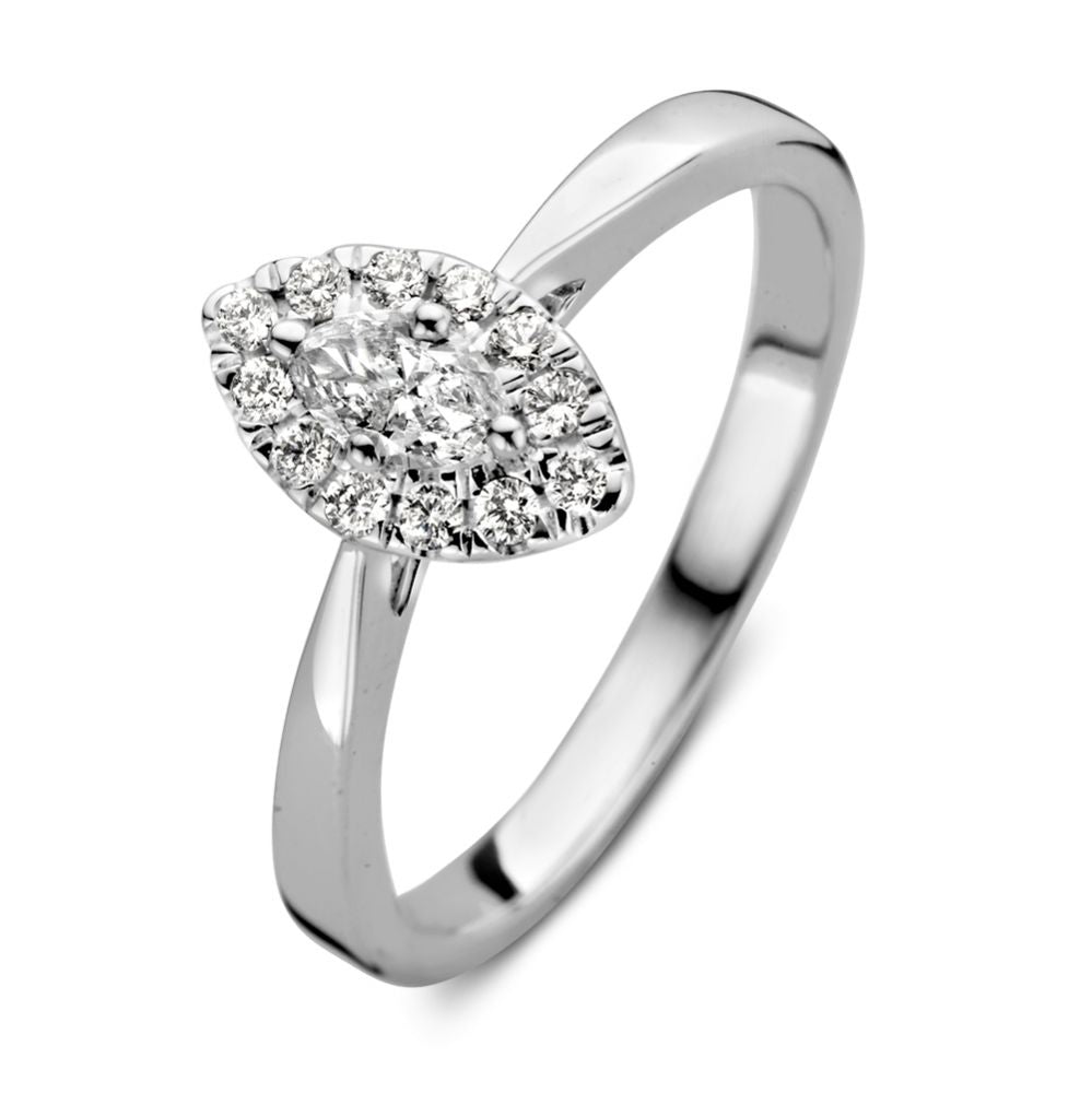 Witgouden damesring met marquise diamant in entourage zetting, glanzende afwerking en een moderne vorm.