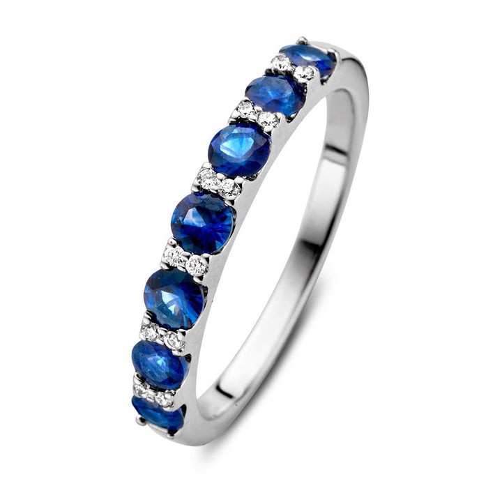 14 Karaat Witgouden Ring met 0,90 Caraat Blauw Saffier en 0,06 Caraat Diamanten