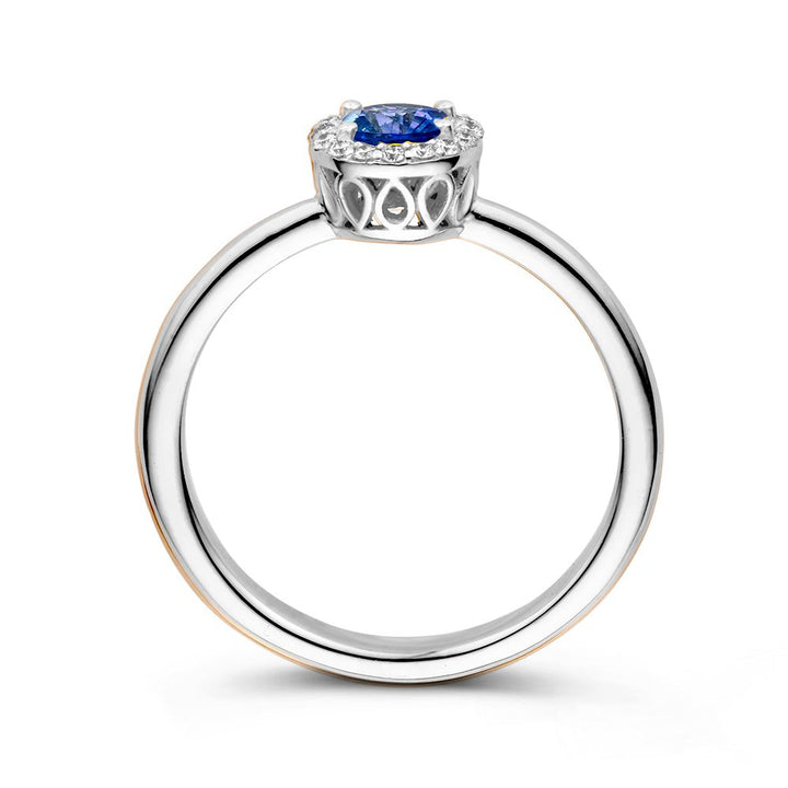 18kt Witgouden Entourage Ring met Blauwe Saffier en 0.11ct Diamanten