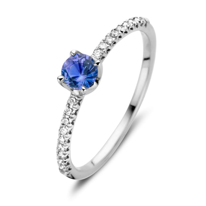 18kt Witgouden Ring met Blauwe Saffier en 0.15ct Briljanten – Elegante