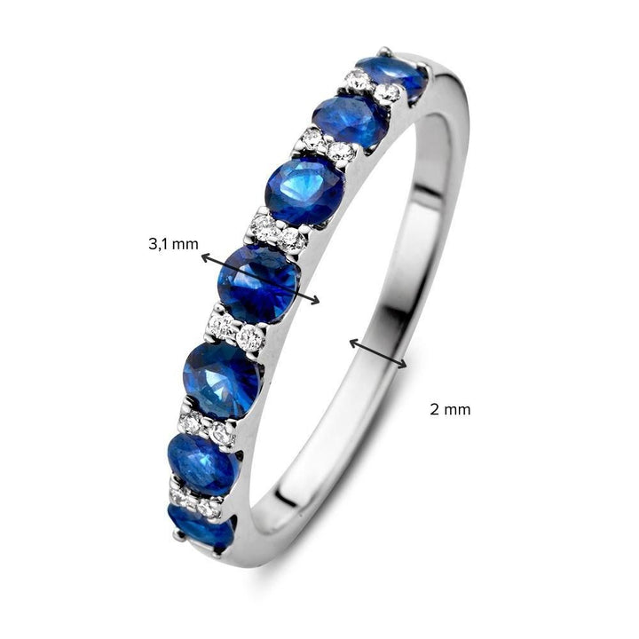 14 Karaat Witgouden Ring met 0,90 Caraat Blauw Saffier en 0,06 Caraat Diamanten