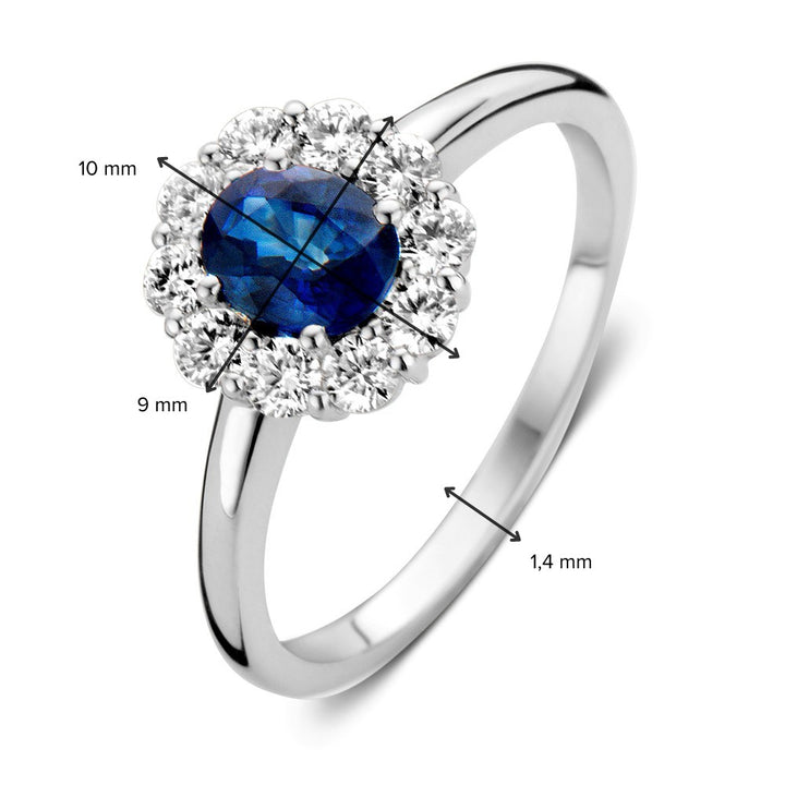 Witgouden Ring met Blauwe Saffier en Diamanten – Tijdloze Elegantie in een Klassieke Setting