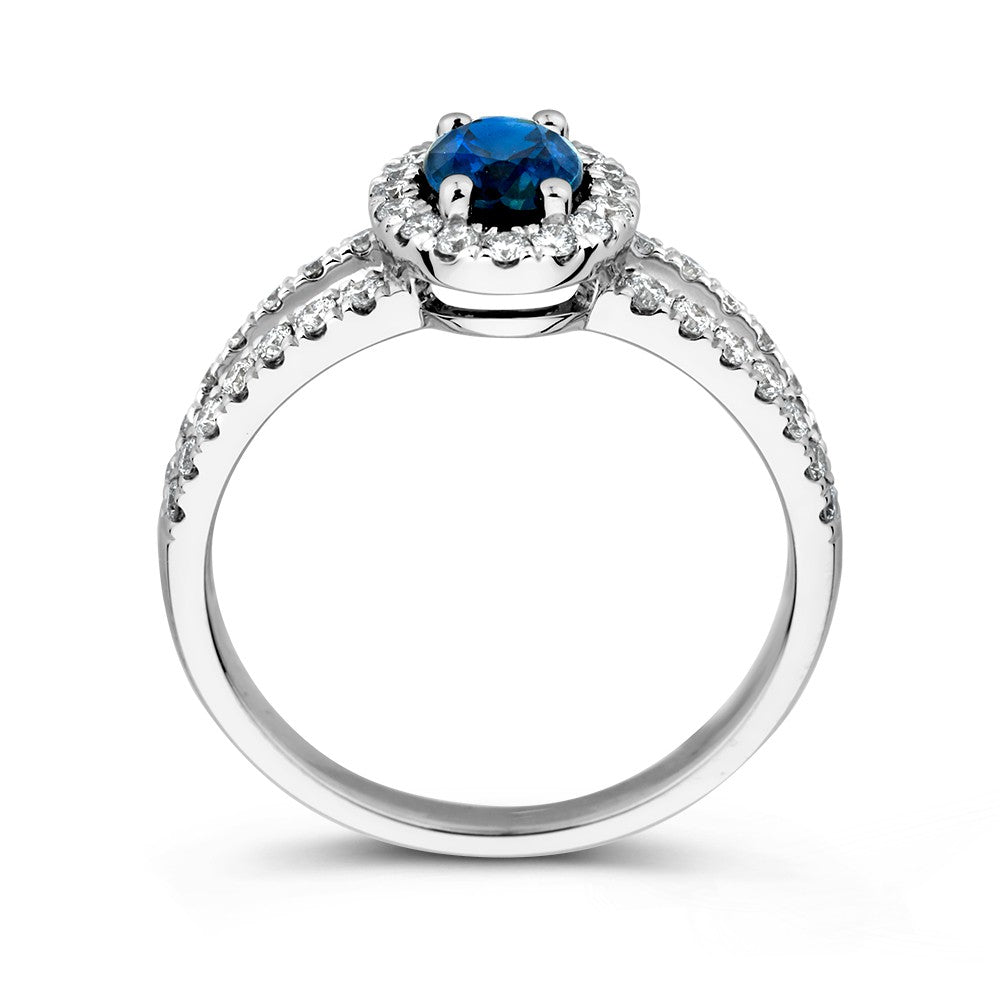 Witgouden Ring met Ovale Blauwe Saffier, Diamanten Entourage, 14 Karaat, 1.02 crt Saffier, 0.50 crt Diamanten