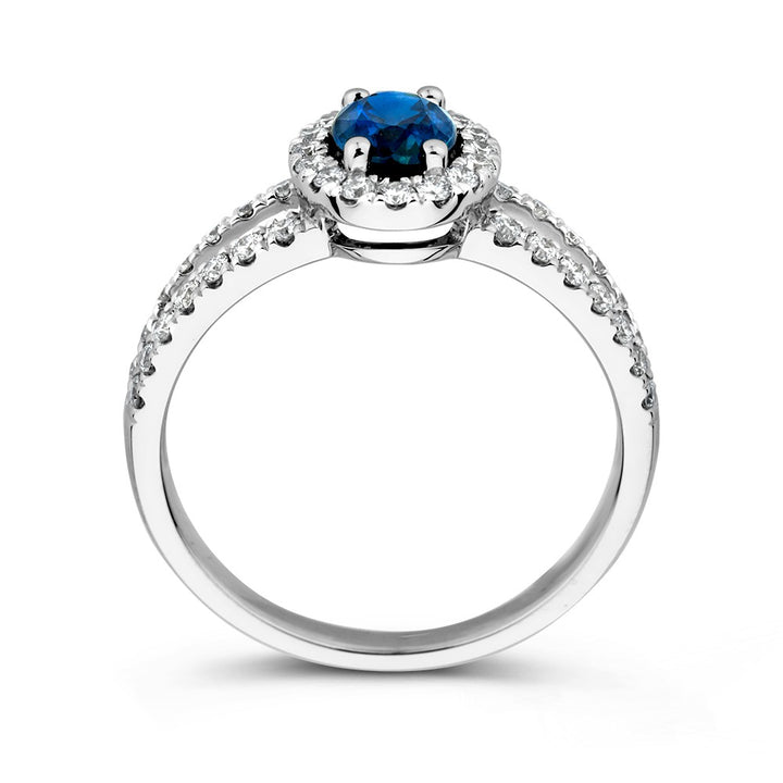 Witgouden Ring met Ovale Blauwe Saffier, Diamanten Entourage, 14 Karaat, 1.02 crt Saffier, 0.50 crt Diamanten