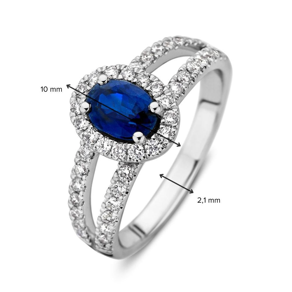 Witgouden Ring met Ovale Blauwe Saffier, Diamanten Entourage, 14 Karaat, 1.02 crt Saffier, 0.50 crt Diamanten